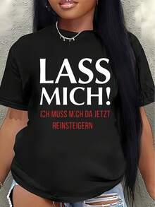 Camiseta de manga corta de poliéster, estampada con el llamativo eslogan alemán "LASS MICH", adecuada para uso casual en casa, en restaurantes o en la oficina. Diseño ligero y duradero, que ofrece una experiencia cómoda en el día a día. - Negro - Ver 7
