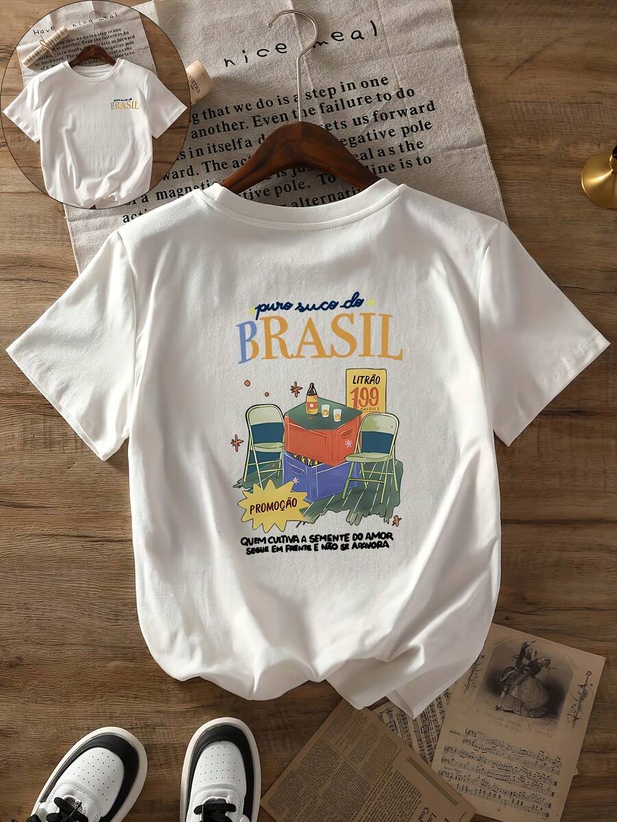 Camiseta con estampado de mesa y silla de estilo vintage, top casual de manga corta y cuello redondo, adecuada para primavera y verano, ropa de mujer, camisa elegante ideal para fiestas. - Blanco - Ver 1