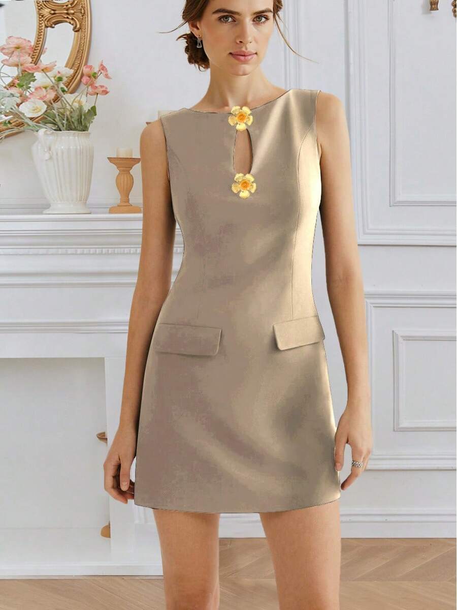 Vestido para Mujer, cuello redondo sin mangas, botones frontales en forma de rosa y diseño ceñido en cintura - Albaricoque - Ver 1