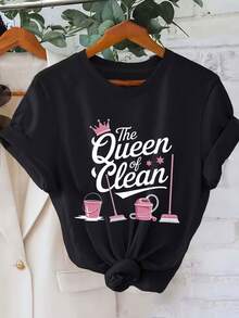 Camiseta de mujer, camiseta casual de moda para damas, 180g de algodón puro, talla grande, estampado creativo de letras, top de manga corta suave y agradable para la piel, camiseta de manga corta para actividades al aire libre, un regalo para amigos y familiares. - Negro - Ver 1