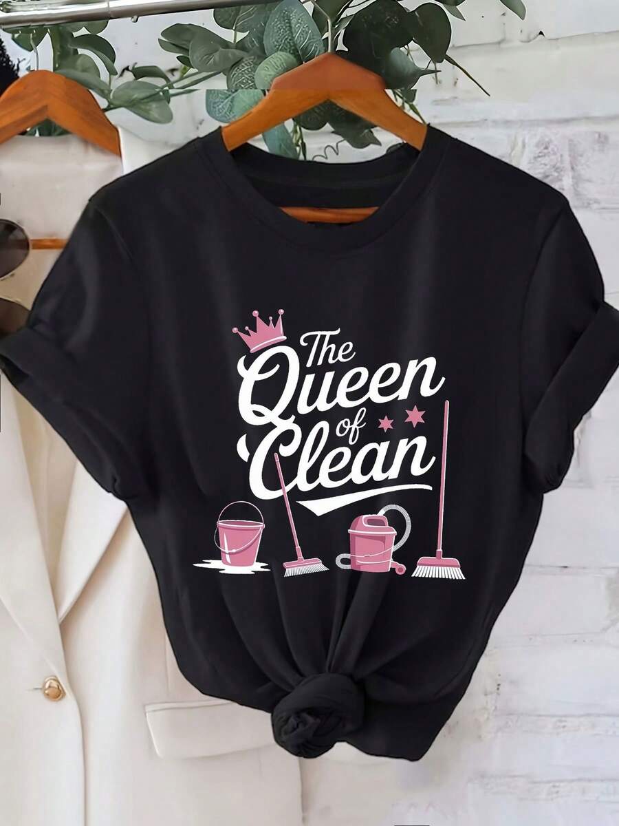 Camiseta de mujer, camiseta casual de moda para damas, 180g de algodón puro, talla grande, estampado creativo de letras, top de manga corta suave y agradable para la piel, camiseta de manga corta para actividades al aire libre, un regalo para amigos y familiares. - Negro - Ver 1