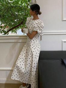 Vestido de verano para mujer con estampado de lunares, cuello redondo y manga corta - Blanco - Ver 10