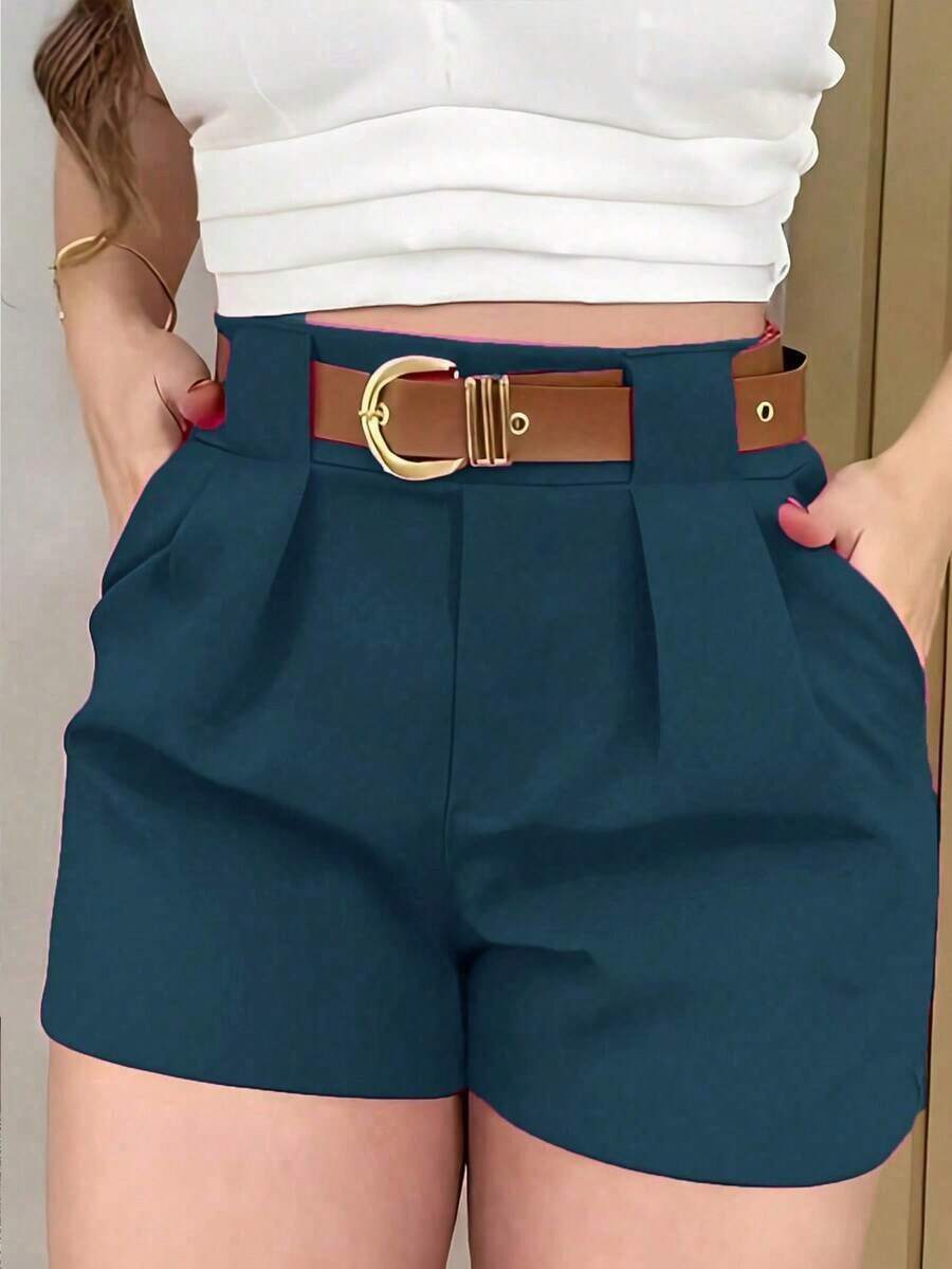 Pantalones cortos casuales de mujer de unicolor con bolsillos y pliegues - Azul - Ver 1