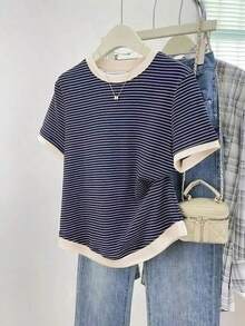 Camiseta de mujer / Camiseta de color block a rayas azul y blanca / Blusa suelta casual de cuello redondo para mujer / Estilo de primavera y verano - Azul - Ver 6