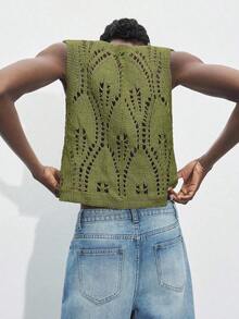 Parte superior de punto sin mangas con diseño calado de unicolor, adecuada para el Día de San Patricio, vacaciones de primavera, Pascua.Parte superior calada para el verano, blusas de verano para mujeres, blusas de punto para mujeres - Verde - Ver 6