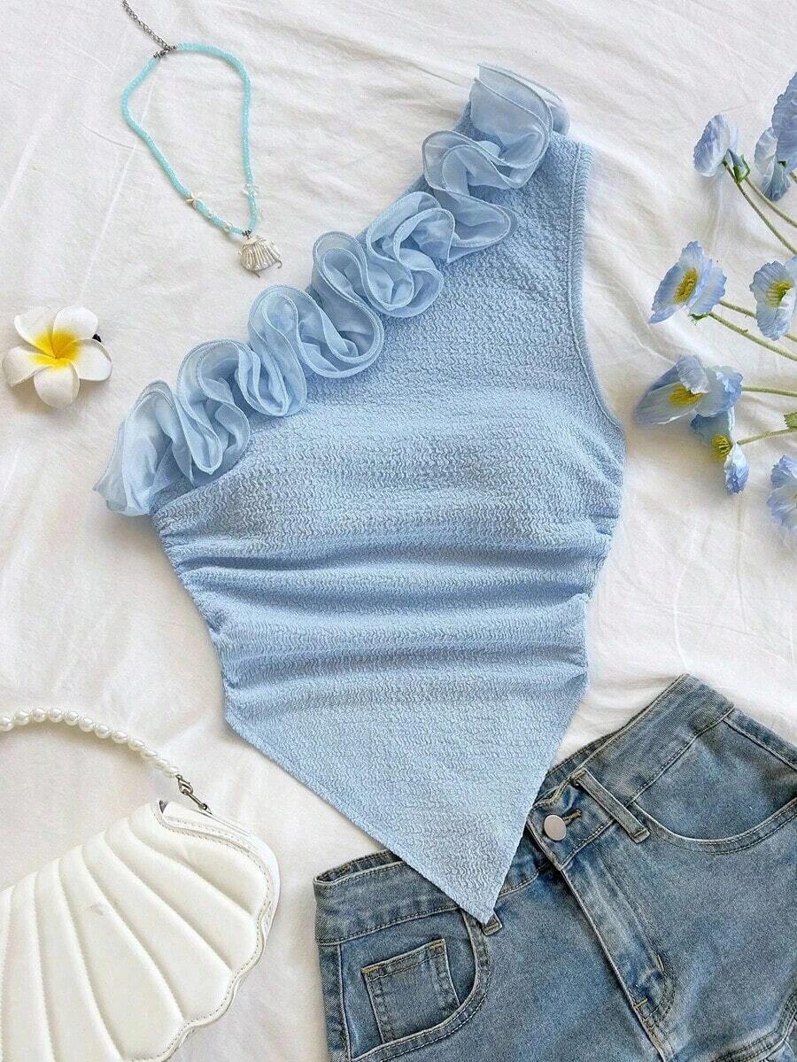 a Blusa ajustada con adorno floral, ideal para festival de música, estilo bohemio, cita de vacaciones, té de la tarde - Celeste - Ver 1