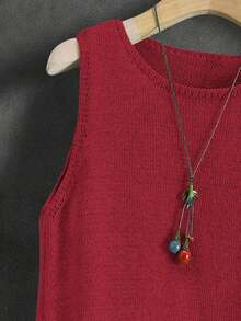 Chaleco de punto de unicolor para mujer, estilo japonés retro para capas, corto y casual para verano y vacaciones, versátil, adecuado para primavera, verano, principios de otoño, ir al trabajo, minimalista retro, festival de música colorido, escuela, top sin mangas - Rojo - Ver 6