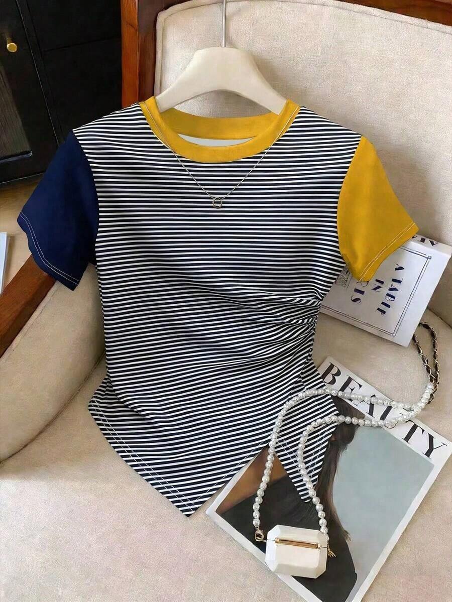 Camiseta ajustada de cuello redondo versátil de ajuste ceñido con estampado de leopardo, nueva llegada primavera/verano para mujer - Multicolor - Ver 1