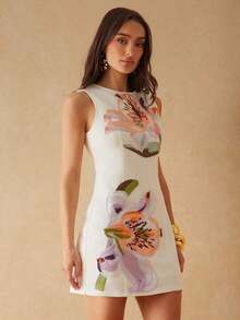Vestido mini elegante de mujer con cuello redondo, ajustado, sin mangas y con decoración floral 3D - Blanco - Ver 7