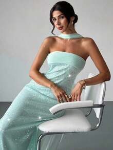 Vestido elegante sin tirantes con lentejuelas y cintas fluidas, adecuado para vacaciones, fiestas, ocasiones formales, temporada de regreso a clases, festivales de música, temporada de graduación, todo el año - Verde - Ver 6