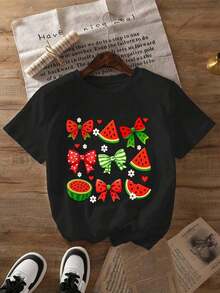 Women's Oversized Short Sleeve Summer T-Shirt With Watermelon Graphic Print, Round Neck, Casual Style, For Summer And Spring, Women's Clothing, 100% Cotton - 黑色 - 查看 2