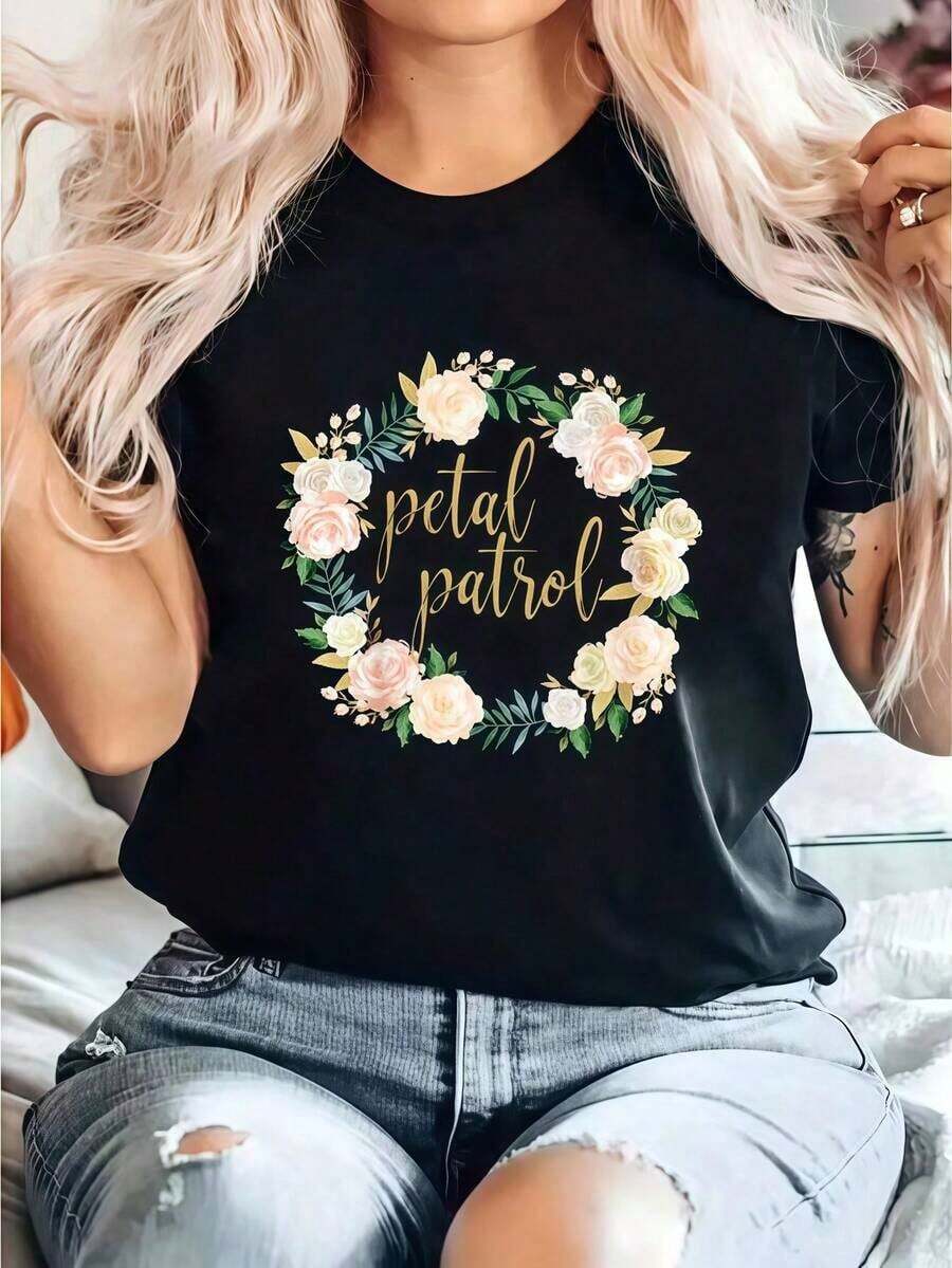 Manga Cortasummer outfits for womenCamiseta Estampada Con Flores De La Patrulla De Pétalos Para Niña De Color Rosa Pálido, Camiseta Casual De Cuello Redondo De Manga Corta Cómoda Para Primavera Y Verano, Ropa De Mujertops de mujerVintage - Negro - Ver 1