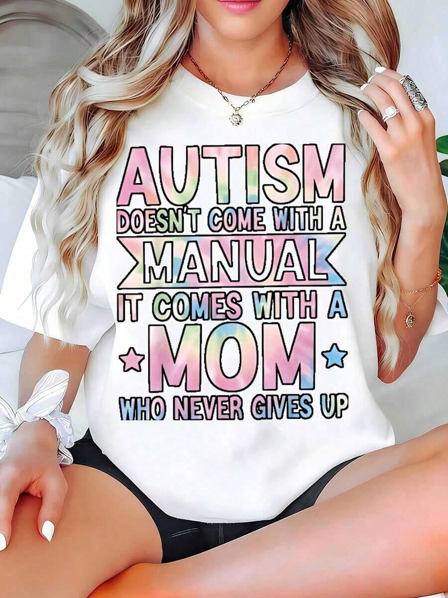 Camiseta estampada para mujer: El autismo no viene con un manual, viene con una madre que nunca se rinde. Camiseta casual de manga corta y cuello redondo para uso diario y ocasiones especiales. Regalo perfecto para madres de niños con autismo. Ropa de talla grande para mujer, blusas estampadas para mujer. - Blanco - Ver 1