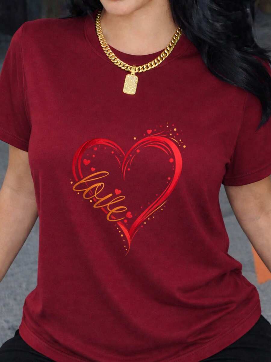 Fashionable Women's T-Shirt With A Creative Heart Print For Valentine's Day, Soft Short Sleeves, Simple, Elegant, Casual And Stylish, Clothing For Young Women, A Must-Have For The Holidays. - 紅色 - 查看 1