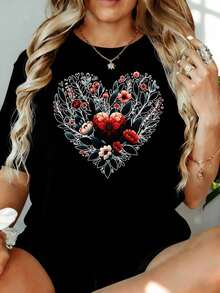 Nueva Llegada 2026: Camiseta de Mujer con Estampado Floral de Corazones, Corte Holgado, Estilo Casual de Verano, Talla Grande, Blanca, con Diseño Gráfico, para Ocio en Casa o al Aire Libre, Regalo para el Día de San Valentín o Fiestas. Tela Suave, Transpirable, 100% Algodón, para Uso Diario, Camiseta de Mujer con Estampado Gráfico. - Negro - Ver 5