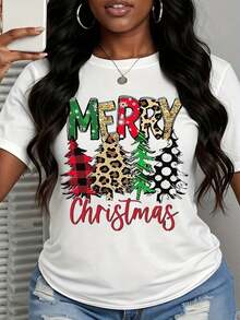 Camiseta Blanca de Mujer con Estampado de Árbol de Navidad y Cuadros de Leopardo - Camiseta Gráfica Festiva para las Fiestas - Estilo Vintage Urbano Unisex - Camiseta de Manga Corta de Algodón Suelto con Cuello Redondo - 100% algodón - Blanco - Ver 3