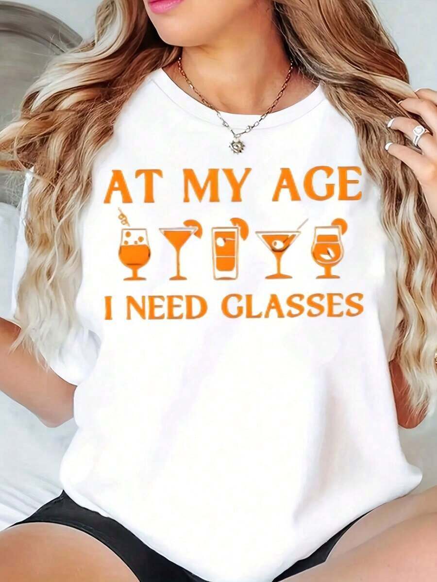 Women's Casual T-Shirt With Cocktail Graphic Print And The Phrase 'A My Age I Need Glasses', Women's Casual Summer Top - 白色 - 查看 1
