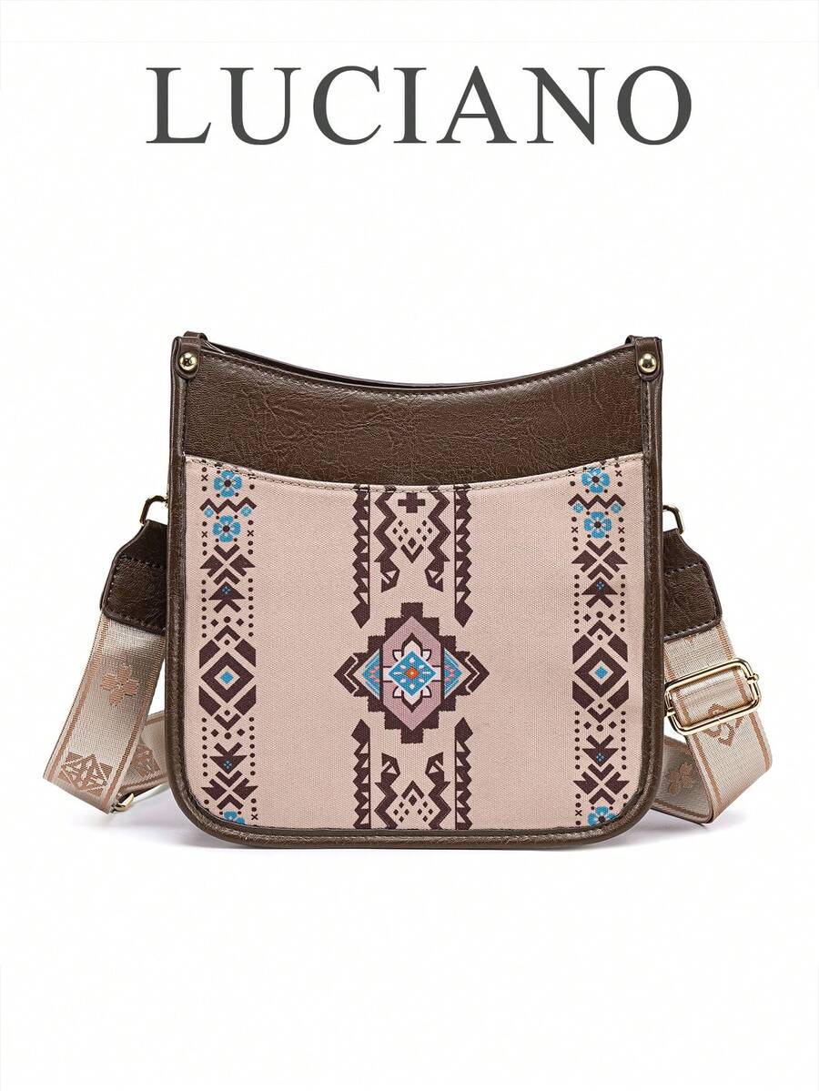 1 chiếc túi đeo chéo in họa tiết hình học phong cách Bohemian, túi đeo vai kiểu miền Tây nước Mỹ cổ điển, túi đeo chéo thiết kế độc đáo với quai rộng, túi nhiều lớp dung tích lớn, túi đeo chéo - màu nâu - Xem 1