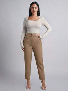 Pantalones de cintura alta de unicolor para mujer - Marrón Mocha - Ver 3