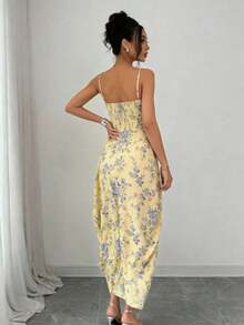 Vestido bohemio con estampado floral, abertura alta y cremallera delantera, adecuado para bodas, vacaciones de primavera/verano elegante - amarillo ganso - Ver 5