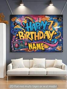 Customizable Name And Birthday Backdrop - Colorful Graffiti-Style "Happy Birthday" Banner Backdrop, Neon Retro, No Electricity Required. Perfect For Parties, Home Decor, And Celebrations. Hip-Hop Themed Design. Vinyl Photo Prop For Festive Gatherings. - Type C - View 3
