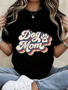 Women's Fashion T-Shirt With Dog Mom Paw Print Graphic Design, Casual Summer Outfit For Pet Lovers, Everyday Wear - 黑色 - 查看 7