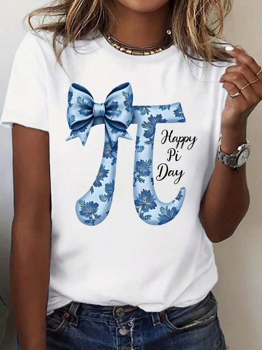 Camiseta de Algodón Estilo Vintage con Estampado de Eslóganes de Lisboa para Mujer, Camiseta con Símbolo de Pi y Lazo Floral Azul y Texto de Feliz Día del Pi para Celebración de Amantes de las Matemáticas - 220g para Uso Diario en Verano - Blanco - Ver 1