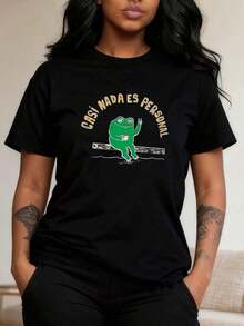 1 Piece Of Women's T-Shirt With Turquoise Green Frog Print - Casual Short Sleeve Round Neck T-Shirt With The Slogan "I Am A Person" In Spanish And Frog Design, Medium Elastic Fit, 180g, 100% Cotton. - 黑色 2 - 查看 1