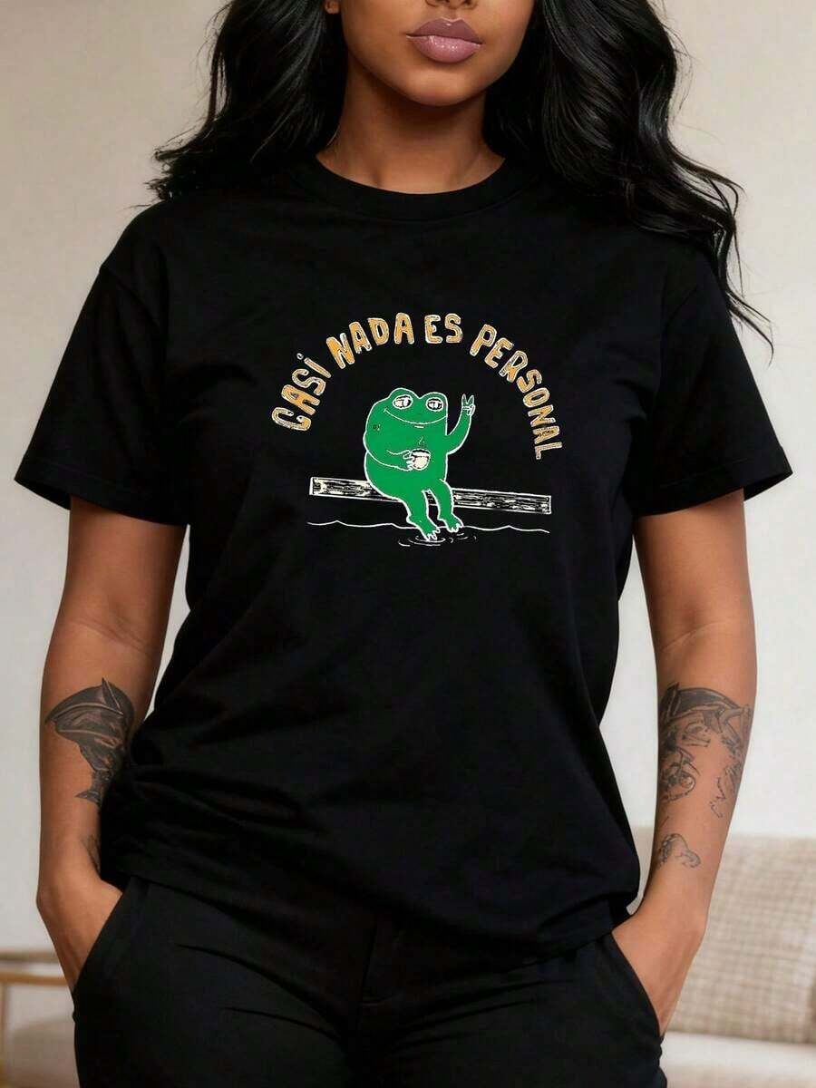 1 Piece Of Women's T-Shirt With Turquoise Green Frog Print - Casual Short Sleeve Round Neck T-Shirt With The Slogan "I Am A Person" In Spanish And Frog Design, Medium Elastic Fit, 180g, 100% Cotton. - 黑色 2 - 查看 1