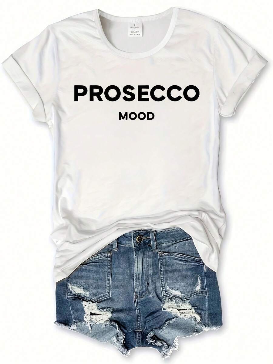 Camiseta estampada con la frase "Prosecco Mood", camiseta casual de manga corta con cuello redondo para verano y primavera, ropa de mujer. - Blanco - Ver 1