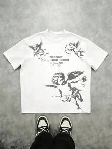 Playera con Eslogan de Ángel y Libertad - Ropa de Calle de Alta !Estampado de Ángel Vintage + Texto Motivacional, Lavado en Negro & Corte Oversized para Estilo Urbano y Cool.Top de Estatamento Moderno. - Negro - Ver 2