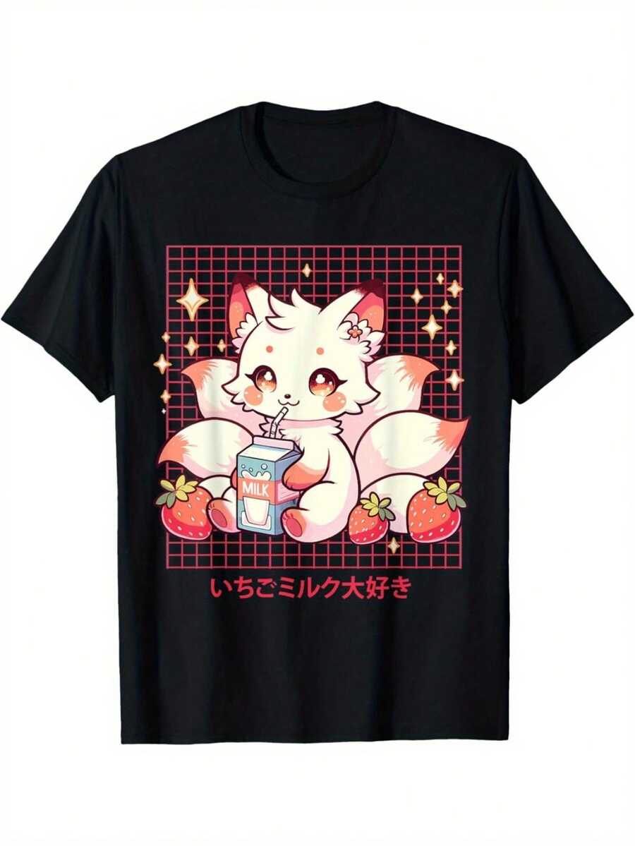 Camiseta de anime japonés con estampado de zorro para mujer y unisex - 100% algodón, diseño de zorro demonio y leche de fresa, manga corta, suave, transpirable, cuello redondo, estilo casual. | Diseño exquisito |   Suelto y cómodo |   Fácil de combinar | - Negro - Ver 1
