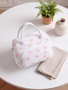 Insulated Lunch Bag For Women Men Waterproof Thermal Insulated Lunch Box Bento Pouch Dinner Insulation Bag Student Thickened – Cute Floral, Bow & Strawberry Print, Corduroy Lunch Tote With Handle & Zipper, Large Capacity Cooler Bag For Work, School, Picnic, Camping, Perfect Christmas Gift For Family, Friends, Teachers & Moms - 粉紅蝴蝶結 - 查看 4