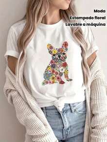 Camiseta Casual de Manga Corta para Mujer con Estampado Floral de Bulldog Francés Vibrante - Cuello Redondo Suave y Lavable a Máquina, Cómoda para Todas las Estaciones, Camisas de Damas, Diseño Juguetón, Construcción Duradera, Camisa Estampada, Aficionados a la Moda - Blanco - Ver 7