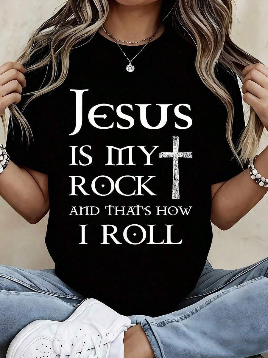 T-Shirt With Jesus Christ With Crown Of Thorns Print, Casual Sporty Style For Women And Men - Unisex Vintage Urban Style, 100% Cotton Short Sleeve Crew Neck T-Shirt - 黑色 - 查看 1