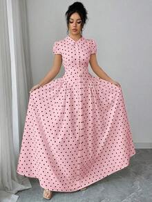 xheElenzga Vestido maxi elegante y vintage de estilo empresarial y casual para vacaciones, con estampado de lunares en blanco y negro, cuello vuelto, botones delanteros, hombros recogidos, mangas farol y falda acampanada, para primavera/veranoxhe - Rosa - Ver 6