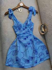 Nuevo vestido elegante con estampado, cuello en V y cintura con lazo - Azul - Ver 2