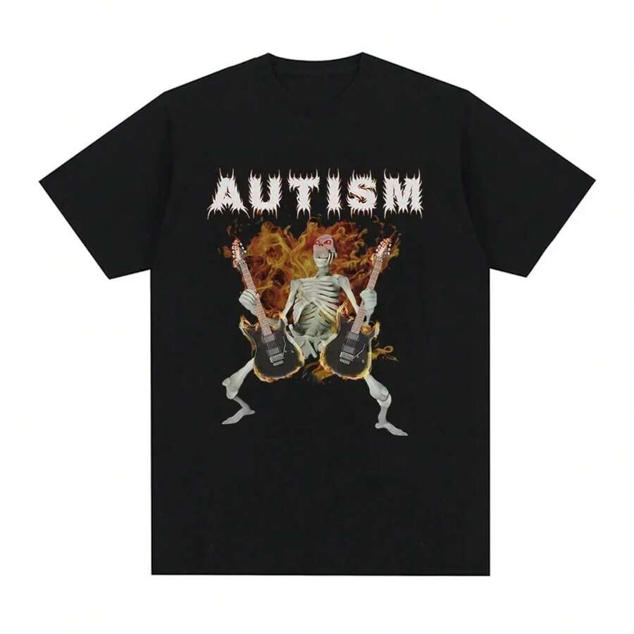 Camiseta con esqueleto de autismo para hombre y mujer, camiseta de Hip Hop a la moda con calavera divertida y Humor, camisetas informales de algodón de manga corta de gran tamaño - Negro - Ver 1