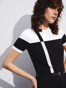 Blusa de punto para mujer, en bloque de color negro y beige, ajustada, versátil para el transporte urbano, casual de negocios, prenda exterior básica, atuendo elegante de mujer en otoño/invierno - Blanco y Negro - Ver 10