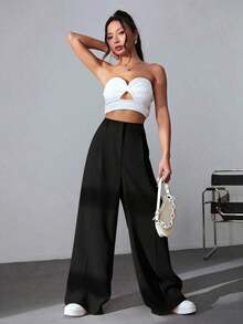 Pantalones Caqui De Pierna Ancha Lisos - Negro - Ver 4