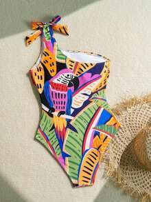1 pieza Traje de baño de una sola pieza con hombro asimétrico y gráfico de limón, casual, para el verano - Multicolor 2 - Ver 2