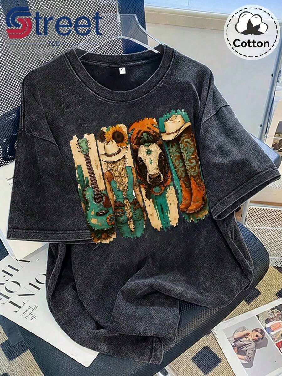 Women's Western Graphic Tee With Guitar, Cowboy Boots, And Sunflower Print, Vintage Washed And Distressed T-Shirt, Plus Size, Short Sleeve, Drop Shoulder, Crew Neck, Oversized Style, Comfortable, Modern, And Versatile For Everyday Wear. 100% Cotton Retro Washed Casual T-Shirt, Vintage Y2K Washed T-Shirt, Unisex Washed Cotton T-Shirt For Mother's Day Gift - 黑色 - 查看 1