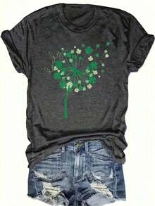 Women's Casual Crew Neck T-Shirt, Printed With Green Shamrock And Dandelion Motifs - Loose And Comfortable Fit, Short Sleeve Design, Machine Washable, Suitable For The Season, Made Of Opaque Fabric, Perfect For St. Patrick's Day. - 黑色 - 查看 4