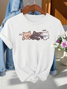 Elegant Women's Short Sleeve Crew Neck T-Shirt With "Hi Hello" Print And Three Cats Peeking Out, For Spring, Summer And Autumn, Versatile Vintage Style For Daily Wear, Holidays And Travel - 白色 - 查看 6