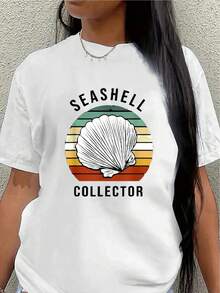 Camiseta de manga corta ligera y duradera, con un diseño vintage de coquila, perfecta para salidas a la playa, uso casual o aventuras de vacaciones, con un degradado de colores vintage y un ajuste cómodo. - Blanco - Ver 7