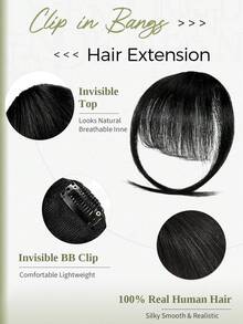 DNE HAIR 100% 真人髮無縫隱形瀏海夾髮片，1# 純黑色，自然輕盈瀏海假髮片，柔軟絲滑親膚，不掉髮不打結，易安裝易拆卸，可重複使用，適合女性女孩初學者日常妝容、度假、街頭風、婚禮造型 - S1 - 查看 2