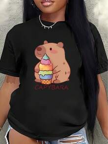 Camiseta de manga corta, ligera y duradera, con un diseño de capibara de dibujos animados con helado, perfecta para relajarse en casa, ir a cafeterías o realizar actividades al aire libre. - Negro - Ver 7