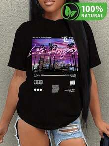 Camiseta negra con estampado urbano, puesta de sol de Los Ángeles, colores brillantes, estilo moderno, ideal para combinar con jeans, ropa casual, elige tu look moderno, moda juvenil, especialmente para amantes de la ciudad, diseño único y llega antes de que se agoten. - Negro - Ver 1