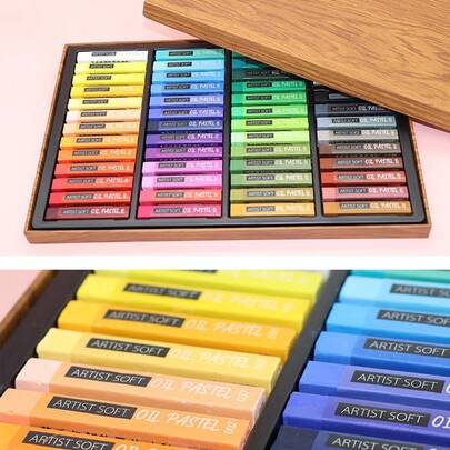 50pcs Oil Pastel Set, Painting Tools, Oil Pastel DIY Drawing Teaching Pen Tools, Soft Oil Pastel Brush Art Set, Variety Of Colors, Wooden Texture Paper Box Packaging Drawing Gift Box. White And Black Are The Large Size Oil Pastels.