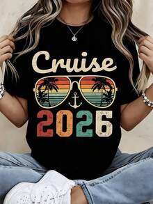 Camiseta con estampado de ancla y palmera de Cruise 2026 Vintage Sunglasses para mujer, conjunto casual de verano, ropa de playa, vacaciones, viajes - Estilo vintage urbano, unisex, holgada, de algodón, manga corta, cuello redondo, 100% algodón. - Negro - Ver 1